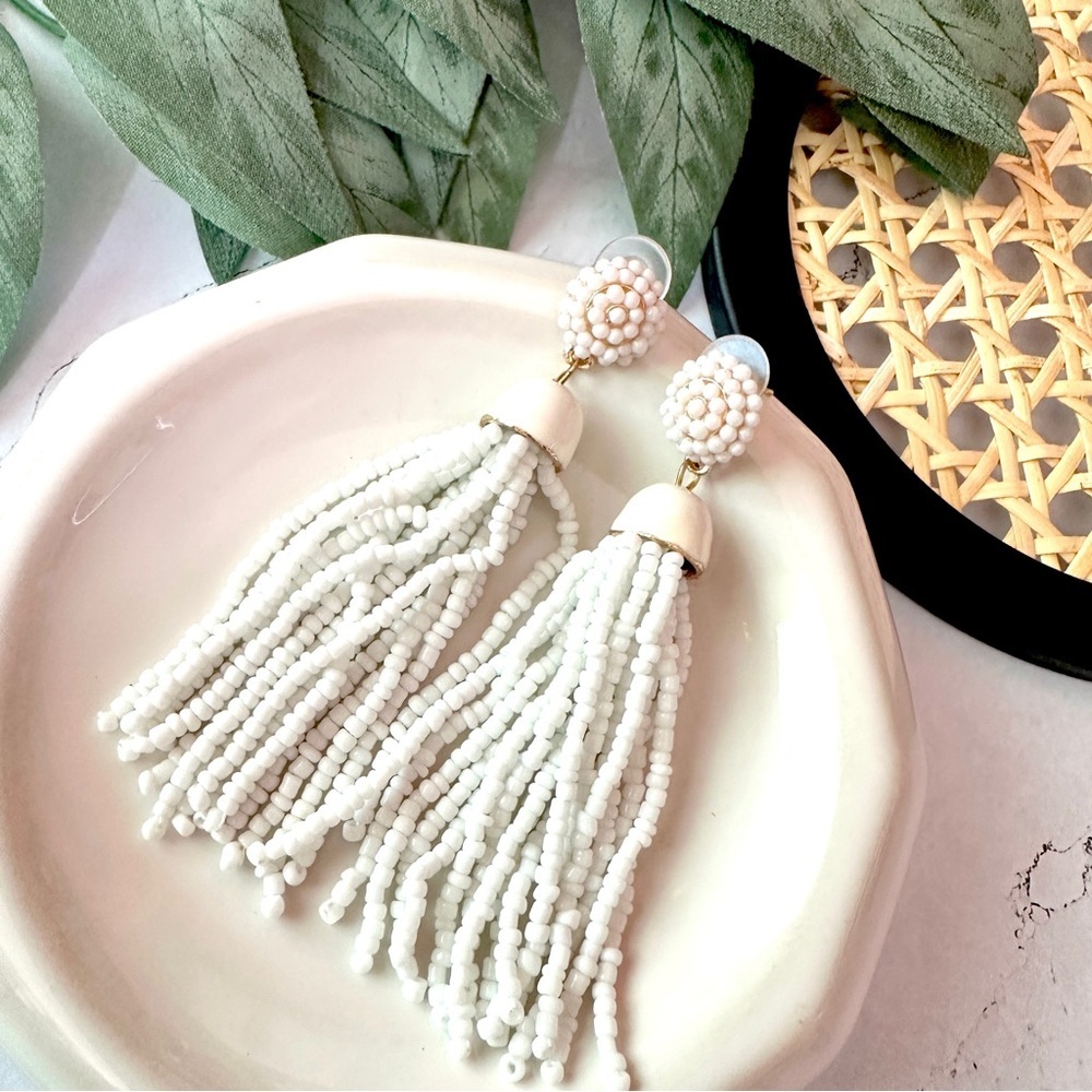 2/$30🌵 Cloud Tassel White Seed Bead Earrings Long Dangle Fringe Boho Jewelry NEW